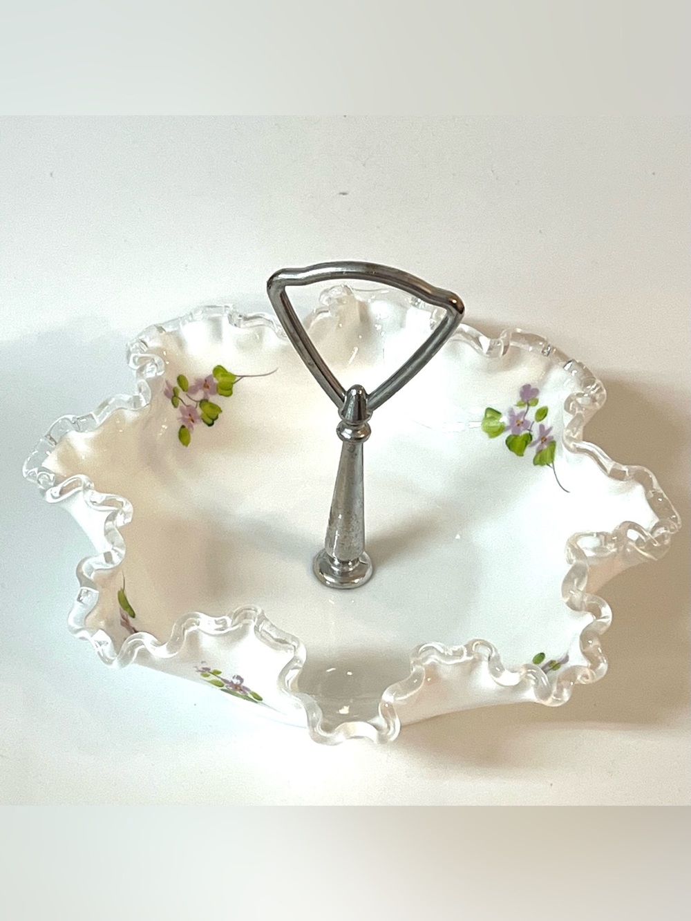 Fenton White Milk Glass Metal Handle Ruffled Handpainted Violets Candy Dish Bowl